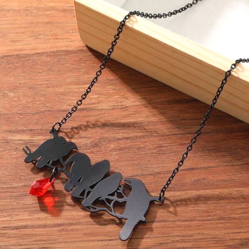 “Raven” Edgar Poe Perched Crows Birds Blood Droplet Macabre Gothic Grim Necklace - Picture 12 of 16